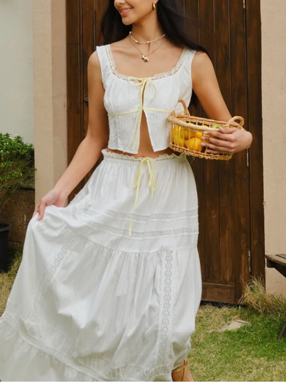 Commense White Lace-Trim Crop and Maxi Skirt Set